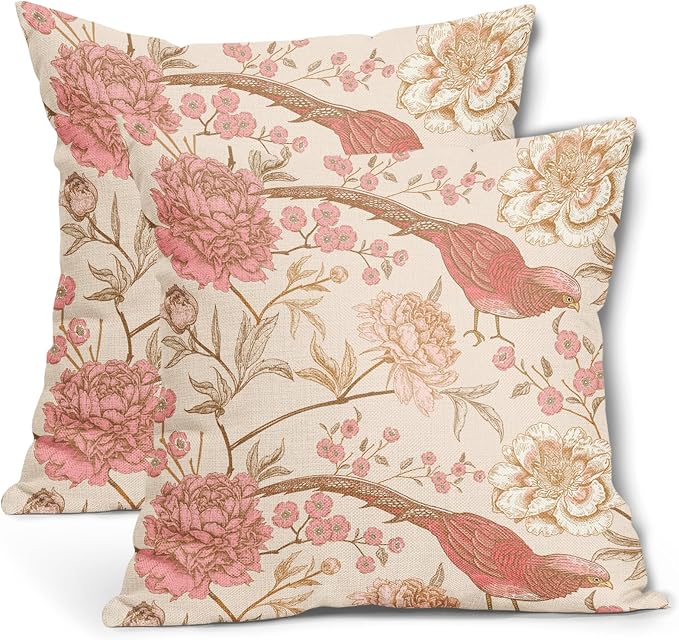 Flowers Birds Pillow Covers 16X16 Inch Set of 2 Pink White Roses Floral Leaf Decorative Pillow Cases Art Retro Gold Cotton Linen Cushion Case Vintage Home Decor for Sofa Couch Porch Outdoor