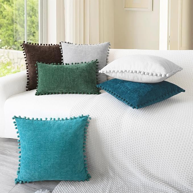 CaliTime Decorative Couch Throw Pillow Covers 22 X 22 Inches Lake Blue | Pack of 2, Cozy Chenille Cushion Cases, with Pom Poms for Sofa Bed Living Room Farmhouse Home