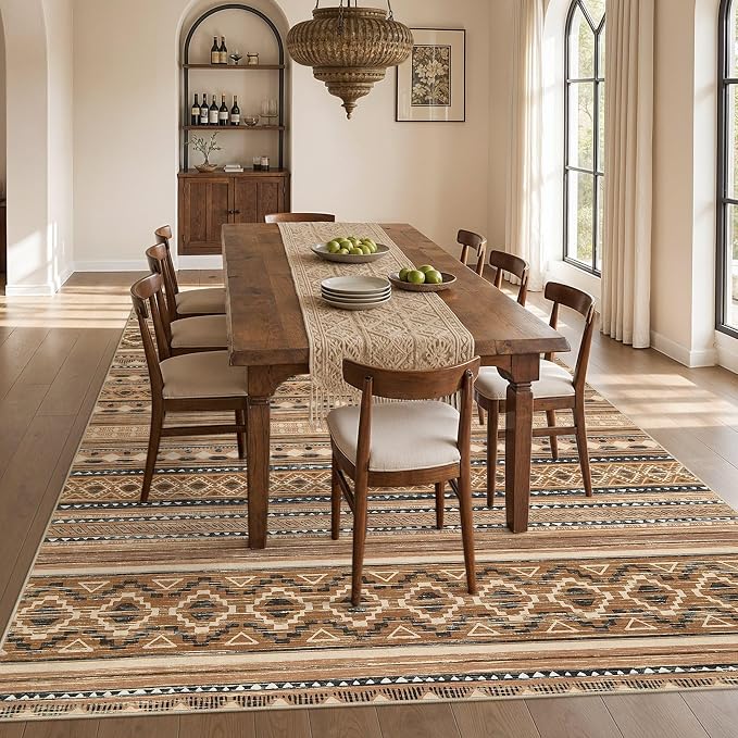 cotiled 7x9 Area Rugs Living Room Rug: Washable Boho Rugs with Non Slip Backing Large Soft Indoor Stain Resistant Carpet for Bedroom Farmhouse Dining Room Lightweight Home Decor Brown/Beige