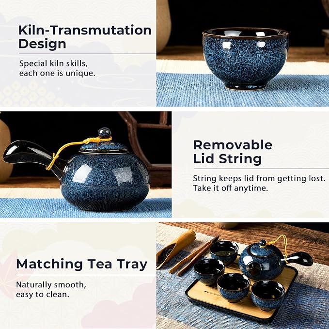 DUJUST Chinese Gongfu Tea Set, Kiln Altered Glaze Porcelain Tea Set with 1 Teapot, 4 Tea Cups & 1 Tea Tray, Portable Japanese Tea Sets with Storage Bag for Travel, Gifting, Outdoor, Dark Blue