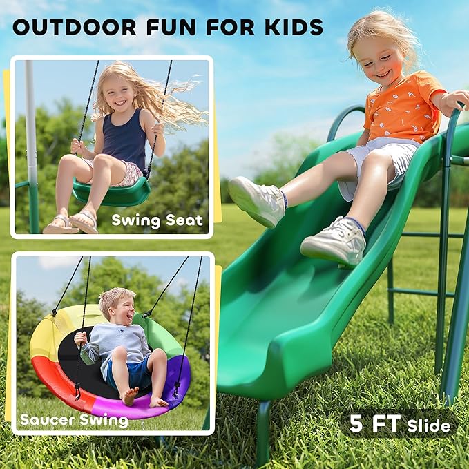 Qaba Swing Set for Backyard with Adjustable Seat and Saucer Swing, 5' Slide, Heavy Duty A-Frame Metal Stand Outdoor Playground Playset for Kids, Dark Green, 112" x 91" x 73"