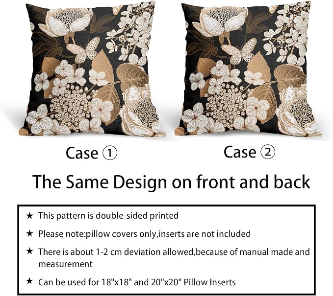 Vintage Floral Pillow Covers 22X22 Inch Set of 2 White Flowers Gold Leaves Botanical Decorative Pillow Cases Rustic Leaf Black Cotton Linen Cushion Case Farmhouse Home Decor for Sofa Couch
