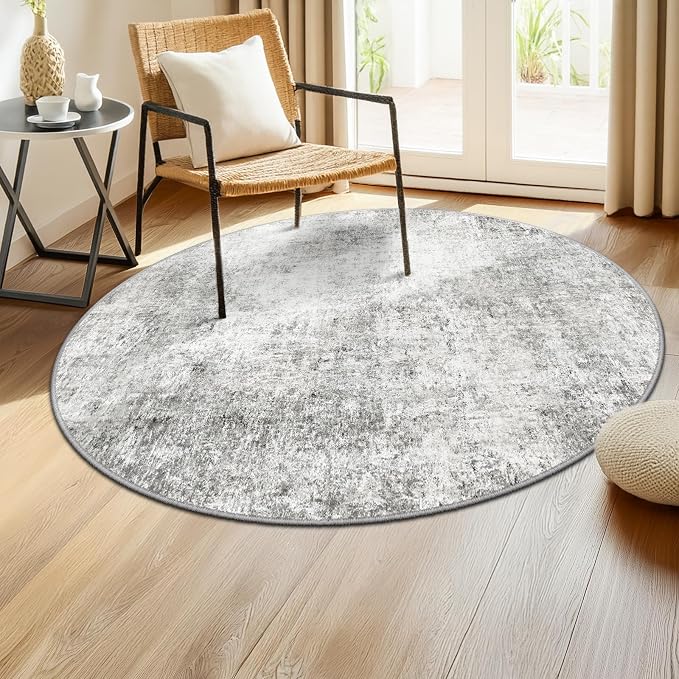 RELEANY Washable Round 4ft Area Rug for Living Room Gray White | carpet for bedroom, kitchen, office, hallway and entryway, printed pattern, non-slip, soft, stain-resistant, easy to clean