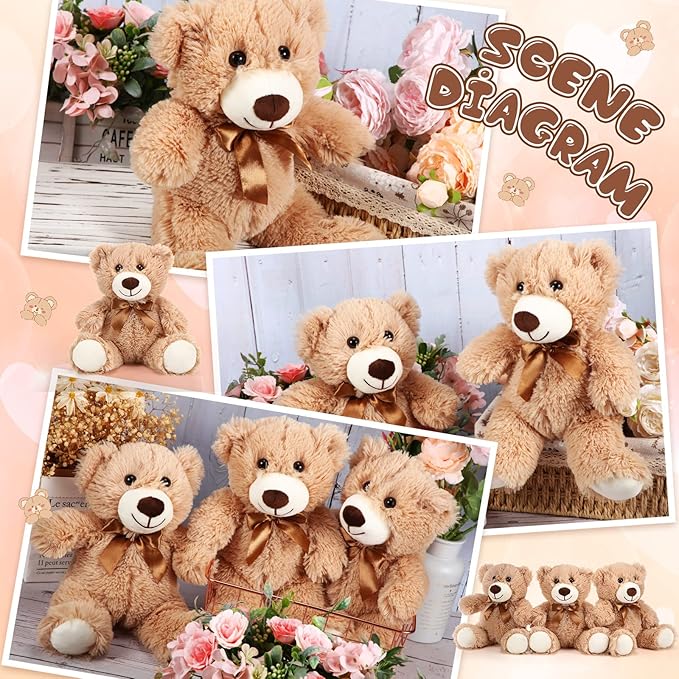 HyDren 12 Pieces Valentines Bears Stuffed Animals Soft Plush Toy Bears for Birthday Party Easter Wedding Baby Shower Christian Charity Donation Supplies(Light Brown)