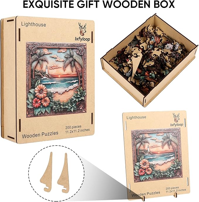 Ixfyloop Wooden Puzzle Puzzles, Lighthouse Wooden Puzzles for Adults, Sunset Beach Adult Puzzles 200pcs, Wood Jigsaw Puzzles Best Gift for Adults and Kids, Family Game 11.2x11.2 inch