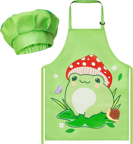R HORSE Kid Apron and Chef Hat Set - 2Pcs Frog Adjustable Children Kitchen Apron Dress up Role Play Chef Toy Kid Cooking Gift Birthday for Kids Cooking Baking Painting and Training