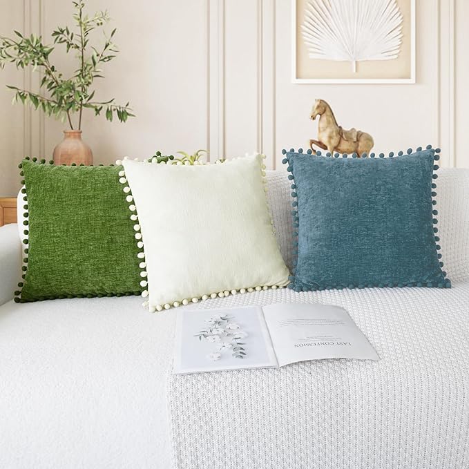 CaliTime Decorative Couch Throw Pillow Covers 16 X 16 Inches Smoke Blue | Pack of 2, Cozy Chenille Cushion Cases, with Pom Poms for Sofa Bed Living Room Farmhouse Home