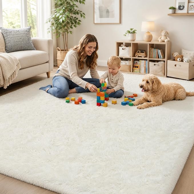 Area Rug for Living Room Bedroom: 6x9 White Soft Fluffy Shag Upgrade Non-Slip High Pile Carpet Large Fuzzy Plush Indoor Floor Decor Shaggy Rug for Kid Boys Girls Dorms Playroom Nursery Modern Home