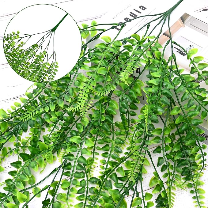 Waipfaru 8Pcs Fake Ferns Fake Hanging Plants Artificial Ferns Vine Greenery | UV Resistant Plastic Fake Plants for Indoor Wall Porch Wedding Party Holiday Decor
