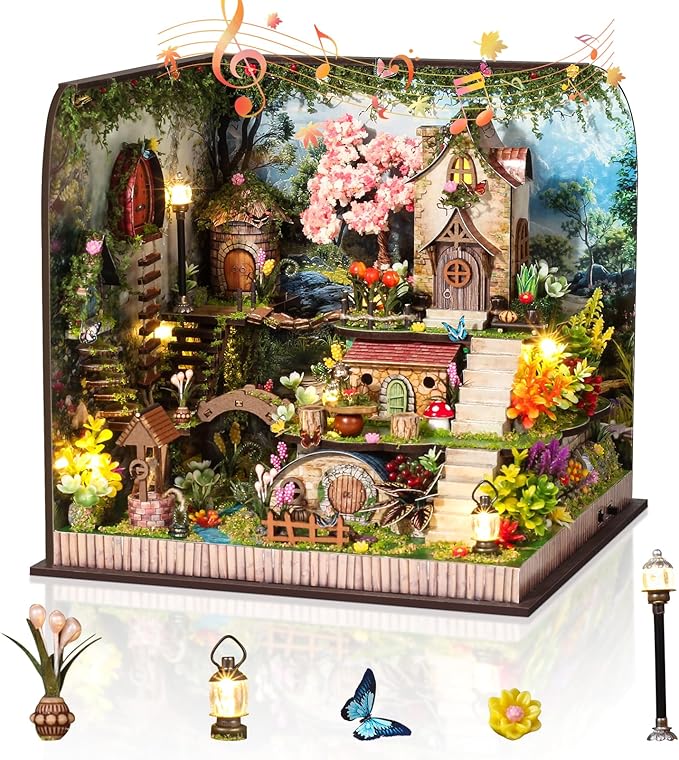 Foyucool DIY Miniature House Kit, Dollhouse Kit with Music and LED Light, Mini House Building Kits for for Adult to Building, Christmas Home Decorations Gifts for Family and Friends, Whisperwood