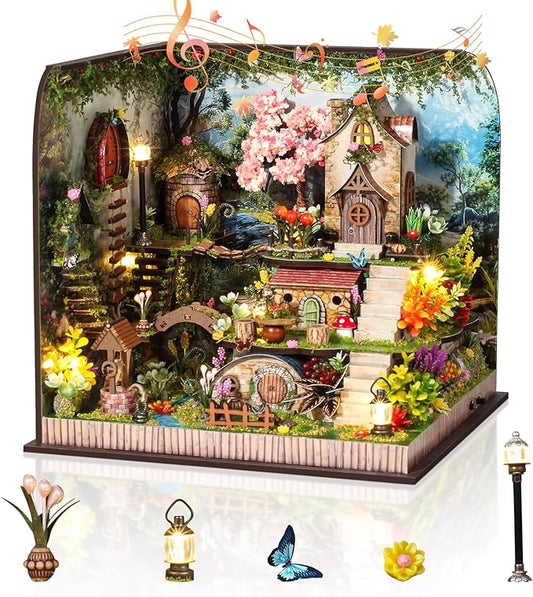 Foyucool DIY Miniature House Kit, Dollhouse Kit with Music and LED Light, Mini House Building Kits for for Adult to Building, Christmas Home Decorations Gifts for Family and Friends, Whisperwood