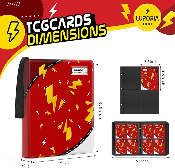 Trading Card Binder 4 Pocket,400 Pocket Card Collection Binder with 50 Removable Sleeves,PU Waterproof Top Card Book,3-Ring Zipper Collectible Trading Card Album for MTG/TCG/Card Holder Gift（Red）