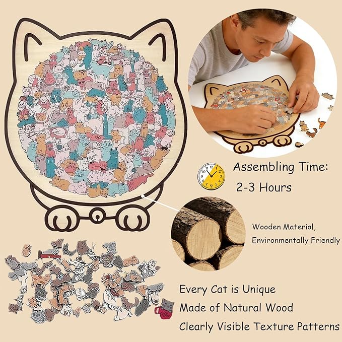 135-Piece Cat Puzzle, Cat Shaped Wooden Jigsaw Puzzle, Macaron Colored Animal Jigsaw Puzzles Gifts for Adults Cat Lovers, Home Decor