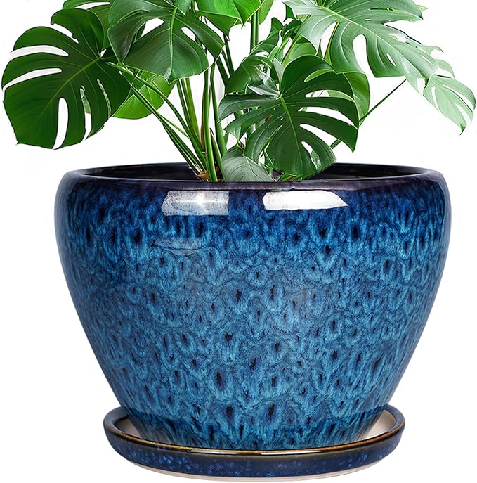 Ceramicfor 10 Inch Ceramic Planter Pot, Ceramic Plant Pot for Indoor Outdoor Plants, Large Flower Pot with Drainage Hole and Saucer, Blue