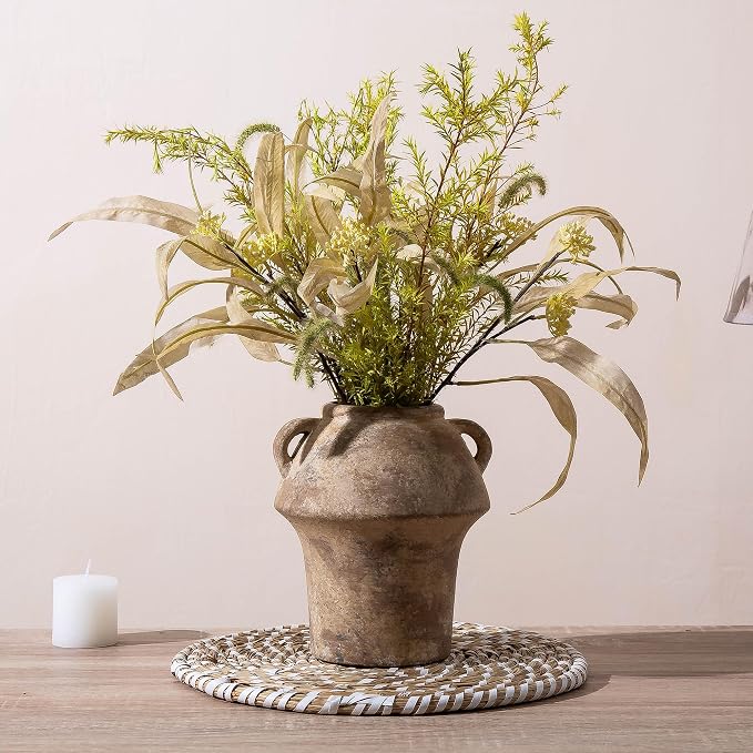 Rustice Vase for Flowers, 7in Decorative Farmhouse Vases for Pampas Grass, Vintage vase for Centerpieces, Terracotta Wide Open Vases with Handle, Unique Ceramic Vase by Lyeec