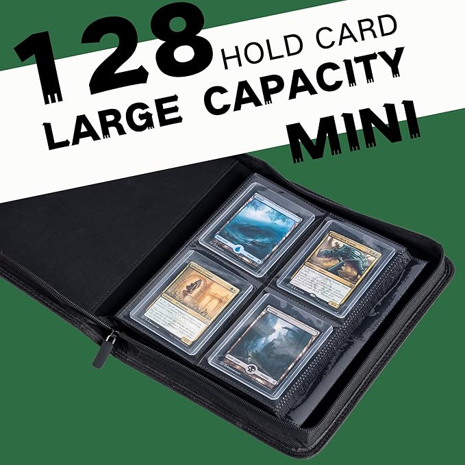 Top loader Binder, Holds 128+ Toploaders, 4 Pocket Top Loader Card Storage Case, Double-Sided Pockets for trading card in 3 x 4'' Toploaders（Green）