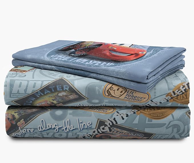Disney/Pixar Cars Tune Up Blue/Gray 4 Piece Full Sheet Set with Lightning McQueen & Mater (Official Disney/Pixar Product)