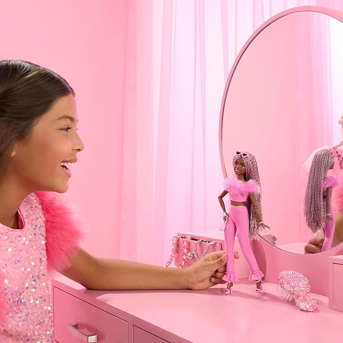 Barbie Deluxe Style Doll #4 in Barbiecore Outfit, Pink and Brown Braids, Soft Pink Top and Pant Set with Furry Collar and Fun Accessories