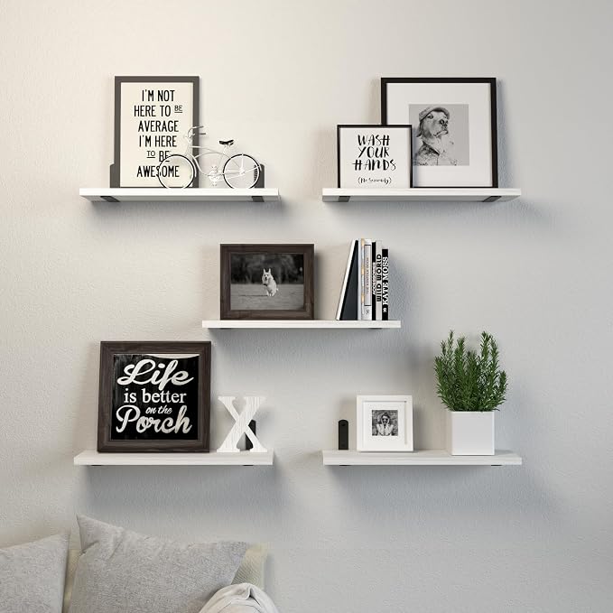 DOLLFIO Floating Shelves, 5 Sets Wall Shelves, Wooden Floating Shelves for Bedroom Wall Décor, Wall Mounted Floating Bathroom Shelf for Storage, Floating Book Shelf, Living Room – White