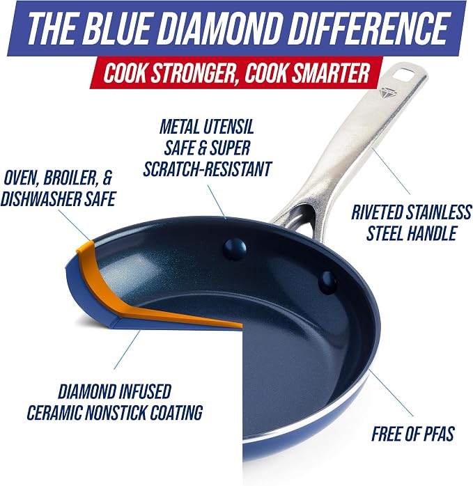 Blue Diamond 8" Diamond Infused Ceramic Nonstick Frying Pan Skillet, Blue | PFAS-Free Ceramic Nonstick, Dishwasher & Oven Safe, Stay Cool Handle, Durable Metal Utensil Safe, Egg & Omelet Pan