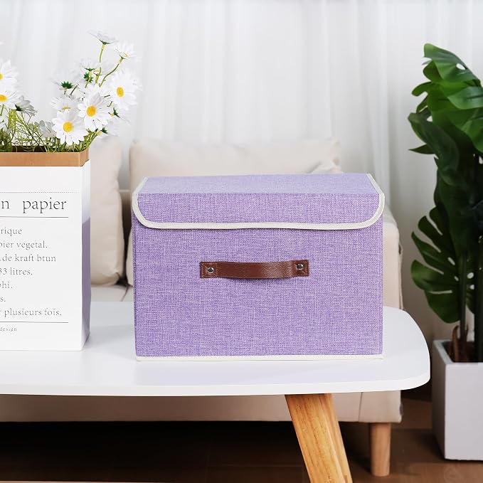ANMINY Fabric Storage Box Bins with Lids, Purple, 13"x9"x7.9", 4 Pack | Keepsake Memory Storage, Cotton Linen, PP Board Reinforced, Washable, PU Handles, Foldable & Stackable, Decorative, Medium