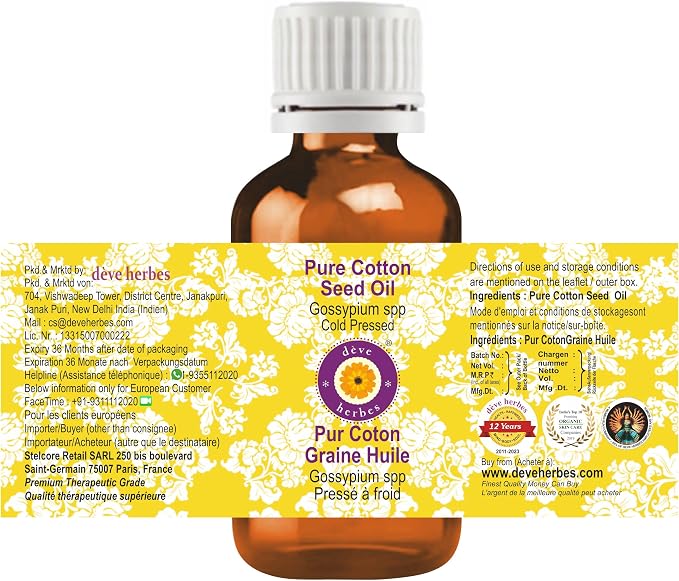 Deve Herbes Cotton Seed Oil (Gossypium spp) | Cold Pressed | Pure | Natural | Undiluted | For Diluting Essential oils | For Skin & Massage | Non-Sticky | Lightweight | Men & Women | 100ml (3.38 oz)