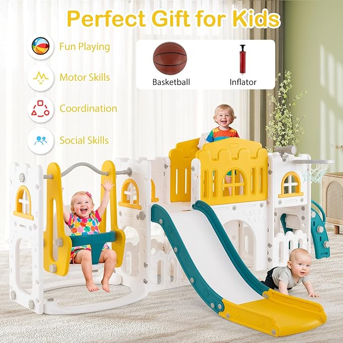 Costzon 10 in 1 Toddler Swing and Slide Set, Kids Slide and Climber Playset w/Aisle, Peek-a-Boo Window & Storage Space, Baby Indoor Playground for Aged 1+ (Yellow+Blue,100" × 59" × 40")