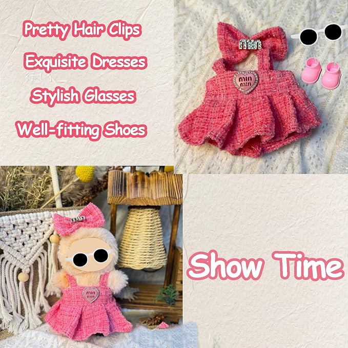 Clothes Set for 17cm Doll(NO Doll) , Handcrafted Crochet Set Clips & Dress, Stylish Premium Outfit with Accessories, Cute for Dress up Unique Style
