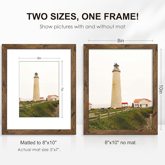 8x10 Picture Frame Set of 6, Wall or Tabletop Display, Rustic Brown | Display Pictures 5x7 with Mat or 8x10 Without Mat, Horizontal or Vertical, Gallery Wall Frame Set, Wedding Birthday Gifts