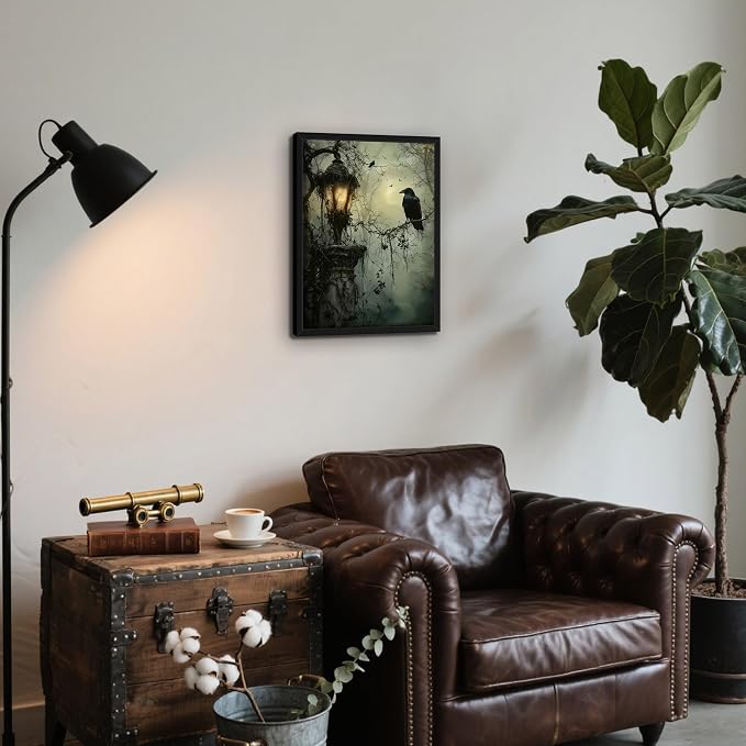 Gothic Decor Framed Wall Art, Vintage Dark Academia Canvas Prints, Horror Forest Crow Wall Decor for Living Room Bedroom Home Decor – Black Wooden Frame 16x24in