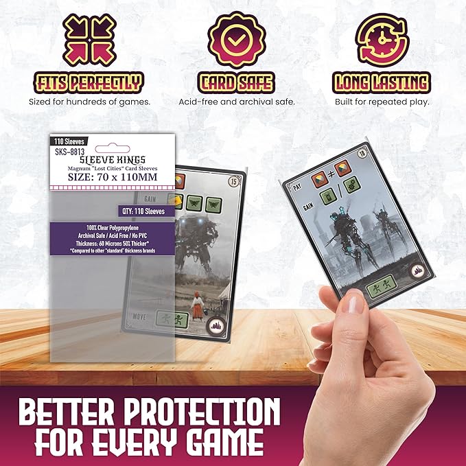 Sleeve Kings Standard Card Sleeves – 110 Count, Clear 60 Micron Thickness, Large Size (70 x 110 mm), Compatible with Scythe & More – SKU: SKS-8813