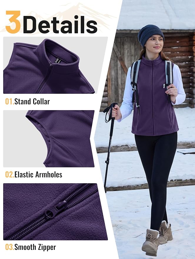 TACVASEN Women's Fleece Vest Lightweight Sleeveless Zip Jacket Outerwear | Soft Polar,Zipper Pockets,Stand Collar,Fall Winter Warm,Outdoor,Athletic,Running,Hiking,Travelling,Golf,Work