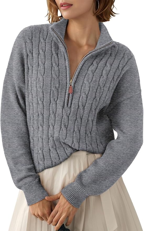 Dokotoo Women's Sweaters 2026 Fall Winter Quarter Zip Ribbed Cable Knit | Long Sleeve,Polo Neck,Lightweight Knit Pullover,Soft Comfy Tops,Casual Trendy Outfits,Fashion Clothing