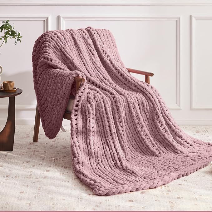Negwoo Chunky Knit Throw Blanket, Knitted Throw Chenille Yarn, 80"*90" | Soft Thick Cable Knitted Blankets, Handmade Big Thick Blanket, Machine Washable Cute Comfy Blanket for Home Decor, Muted pink