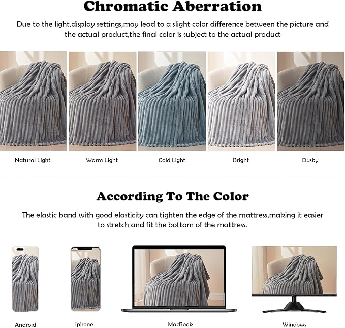 NEWCOSPLAY Super Soft Throw Blanket Light Grey Premium Silky Flannel Fleece 3D Ribbed Jacquard Lightweight Bed Blanket All Season Use (Light Grey Ribbed, Throw(50"x60"))