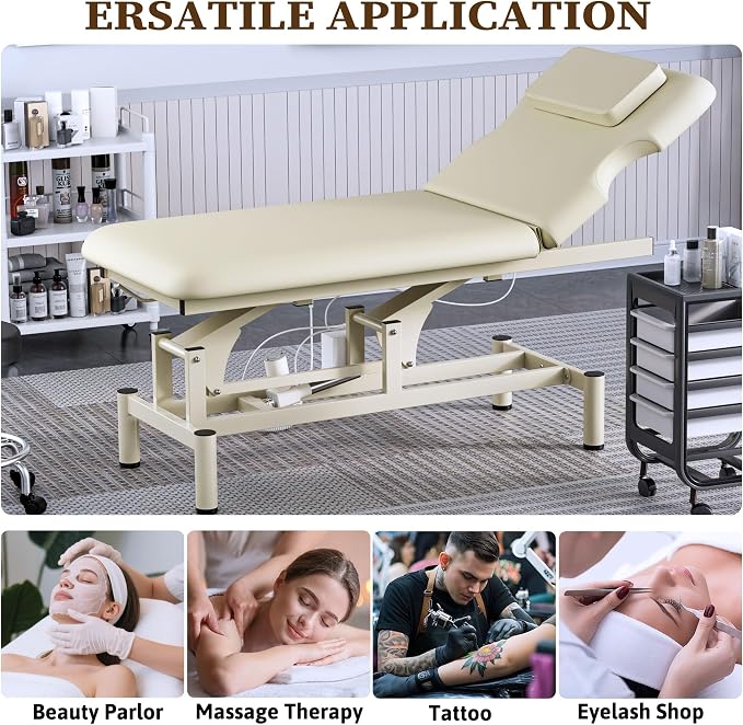Olela 2 Motor Electric Massage Table, Professional Massage Table with Electric Adjustable Height & Backrest, Wide Treatment Tables with Metal Frame, PU Leather for Massage, Spa, Tattoo