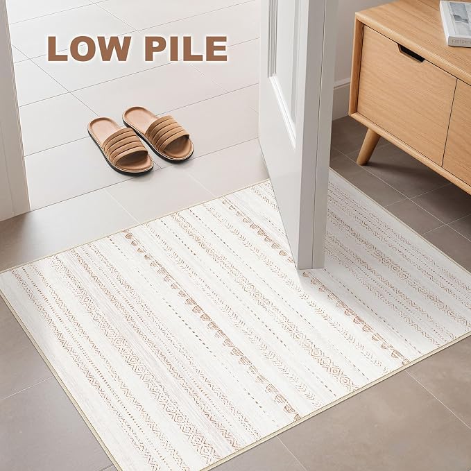 Nakagishi Boho 2x3 Washable Area Rug Non Slip Carpet for Entryway Beige | Pet & Kid Friendly, Machine Washable, Low Pile Carpet for Kitchen Hallway Daily Home Decor,Farmhouse Neutral Moroccan