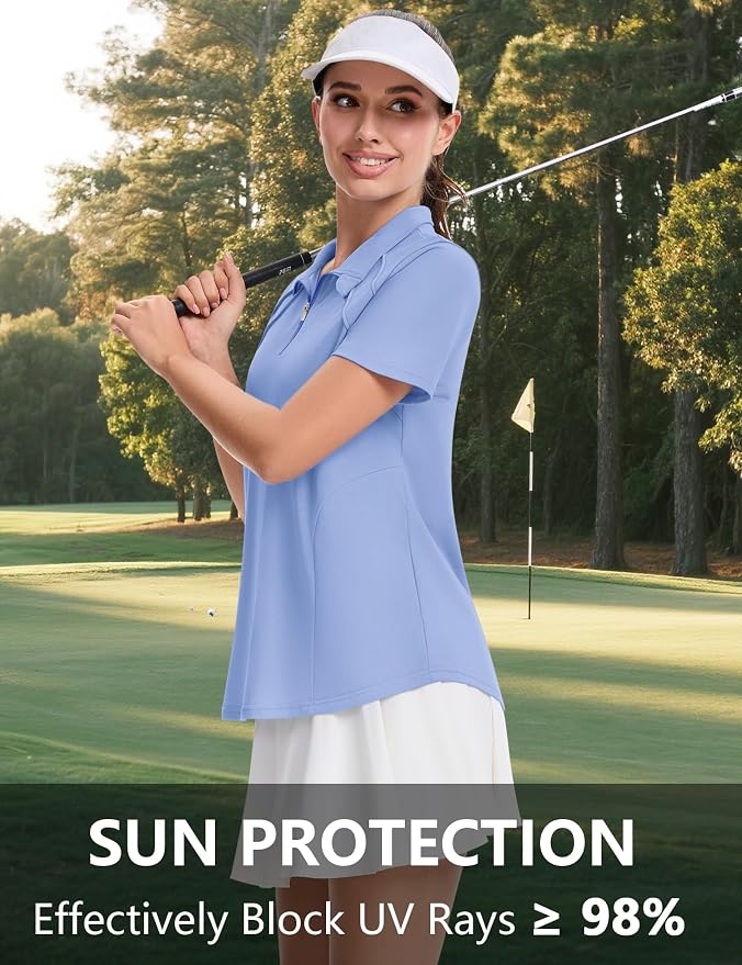 LOMON Womens Golf Polo Shirt Summer Short Sleeve Quarter Zip Outfit | Side-Pockets,Princess Seams,Cotton,Wrinkle Free,Moisture Wicking,Quick-Dry,Lightweight,Collared,for Tennis Workout