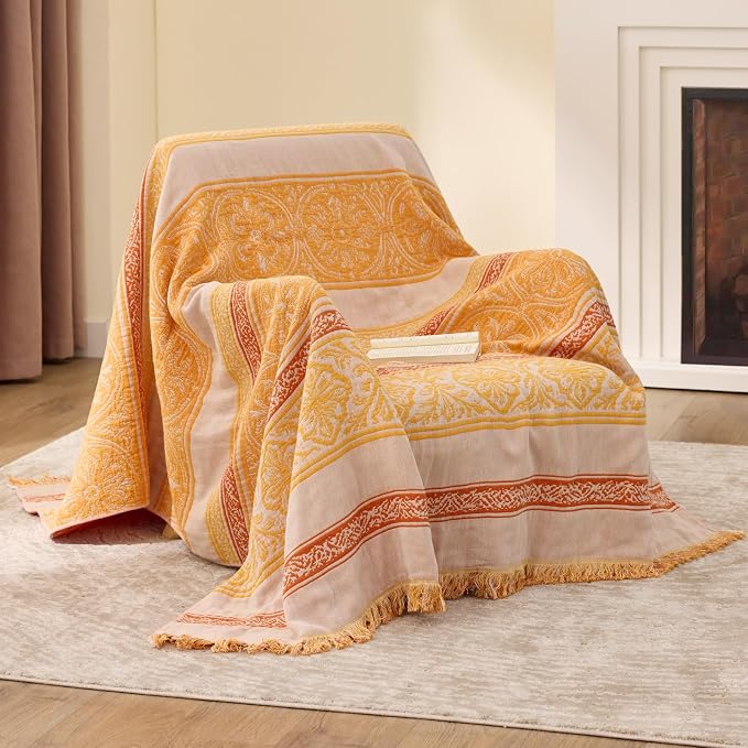 100% Cotton Boho Throw Blanket for Home Decor – Classic Farmhouse Quilt Bedding, Muslin Blankets for Adults, Vintage Woven Decorative Blanket for Couch, Bed Layering Use, Bohemian Stripe, 60"x80"