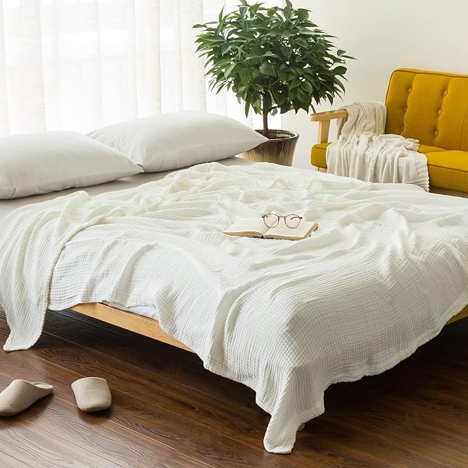 EMME Cotton Muslin Queen Blanket Bed Layering Bedspread Coverlet Breathable Gauze Soft Lightweight Adults (White,90"x90") | Summer Throw Blankets for Bed Breathable Gauze Blanket All Year Round Soft & Lightweight Pre-Washed Cotton Blanket Duvet