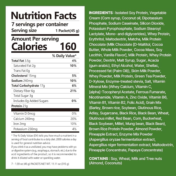 Flimeal GreenTea Matcha Protein Shake, With Crunchy Protein Balls, Protein Smoothie Powder - 21g Protein, Low Sugar, Keto-Friendly Meal Replacement Shake, 1.59oz, 7packs, 7 Servings (7 Packs X 1.59 oz)