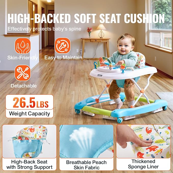 VEVOR 4-in-1 Baby Walker, Folding Baby Activity Center with Wheels, 3 Adjustable Height, Music & Toys Tray, Learning-Seated | Walk-Behind | Rocker | Bouncer Toddler Walker for Girls Boys 6-24 Months