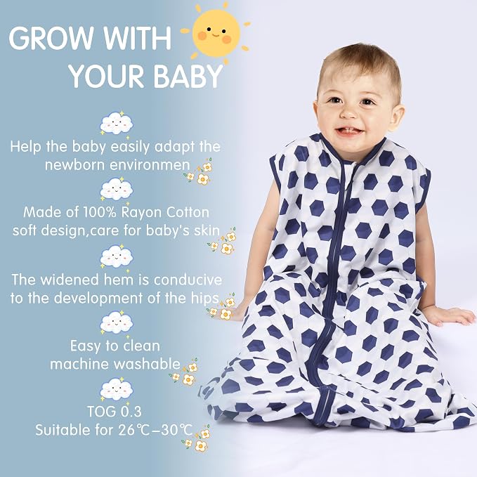 BSTOPPT 3 Pack Baby Sleep Sack 100% Rayon Cotton Baby Sleeping Bag 2-Way Zipper Toddler Wearable Blankets TOG 0.3. (Soccer&Triangles&Blue, 12-18 Months)