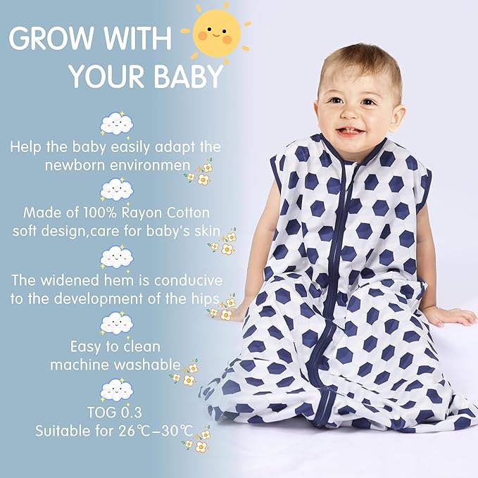 BSTOPPT 3 Pack Baby Sleep Sack 100% Rayon Cotton Baby Sleeping Bag 2-Way Zipper Toddler Wearable Blankets TOG 0.3. (Soccer&Triangles&Blue, 0-6 Months)