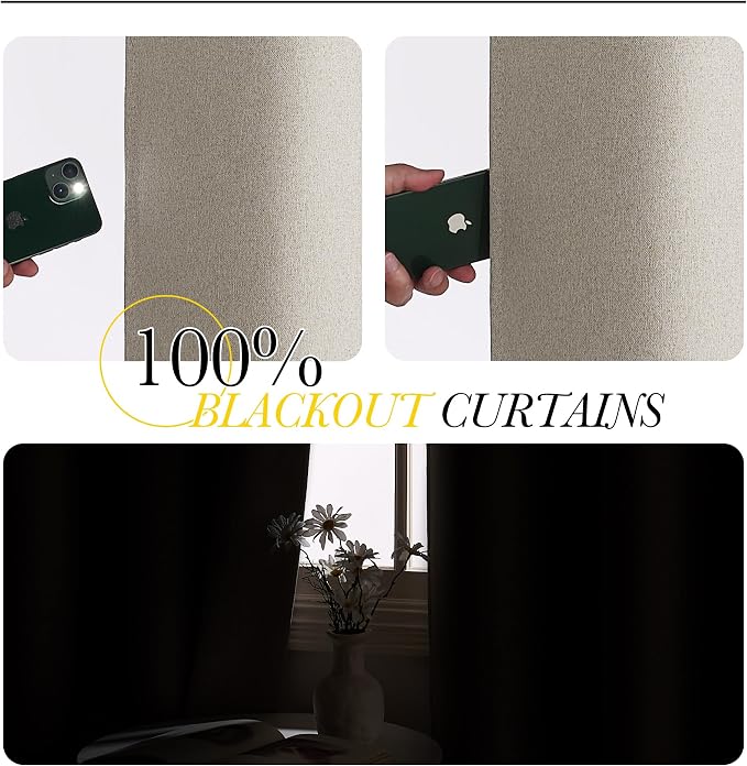 NICETOWN 100% Blackout Linen Curtains 96 inches Long, Crisp Faux Linen Curtains for Living Room, Bedroom, 2 Panels, 52" Wide, Farmhouse Style Thermal Insulated & Privacy Protection Draperies, Natural