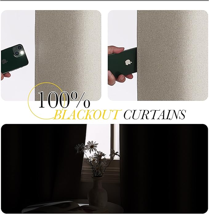 NICETOWN 100% Blackout Curtains for Bedroom 84 inches Long, Thermal Insulated & Noise Reducing Draperies for Living Room, Double Sided Faux Linen Curtains for Farmhouse, W52 x L84 in, 2 Panels, Beige