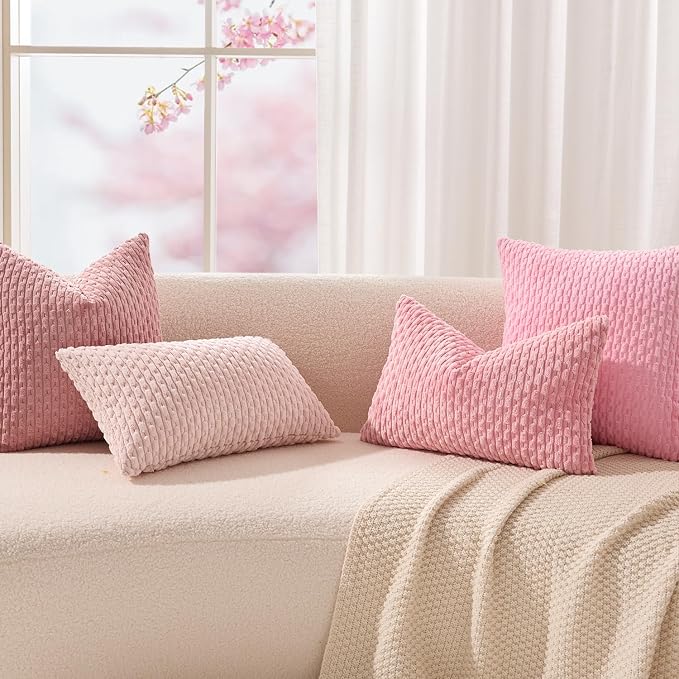 Kevin Textile Soft Corduroy 14"x24" Lumbar Pillow Cover 1 Pack, Dark Pink | Boho Stripe Plush Corduroy Decorative Oblong Cushion Cover Modern Farmhouse Home Decor for Sofa Couch Bed Chair