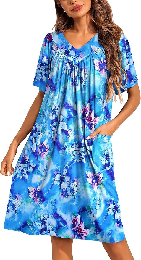 Ekouaer Womens House Dress Floral Print Nightgown with Pockets Mumu Dress