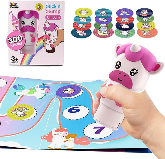 iPlay, iLearn Unicorn Stamp & Sticker Toy, 400+ Stickers & 18-Page Stamper Activity Book, Toddler Art Crafts Kit for Road Trip Travel, Creative Educational Birthday Gift 3 4 5 6 7 8 Year Old Girls Kid