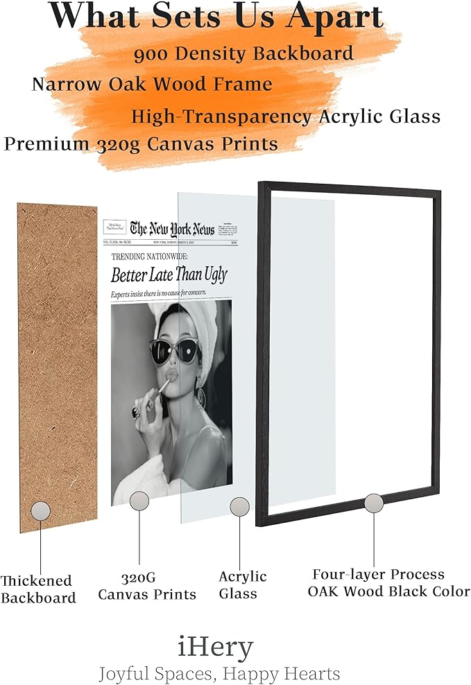 iHery 16x20in Audrey Hepburn Better Late Than Ugly Framed Bathroom Art | Premium Black Natural OAK Wood Frame with Canvas Print, Vintage Fashion Wall Decor for Bedroom, Apartment Girl Dorm, 1Pack